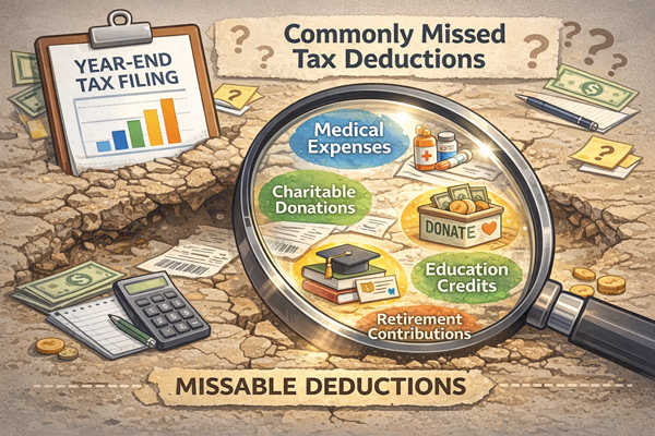 연말정산 놓치는 부분과 자주 빠지는 공제 항목을 설명하는 개념 이미지