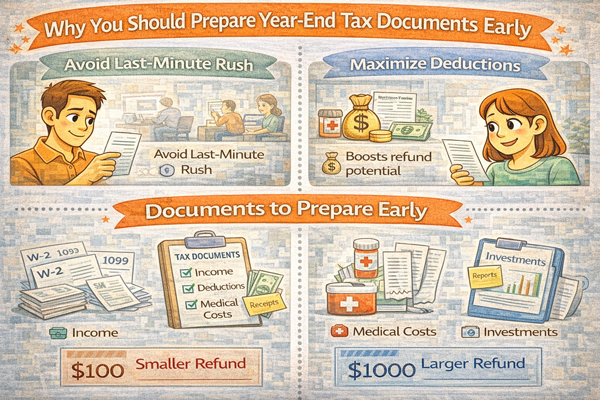 연말정산 자료를 미리 챙겨야 하는 이유와 준비 항목을 설명하는 개념 이미지