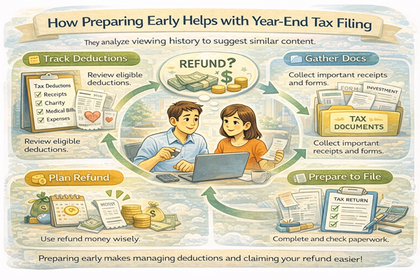 연말정산 준비 과정을 단계별로 설명하는 개념 이미지