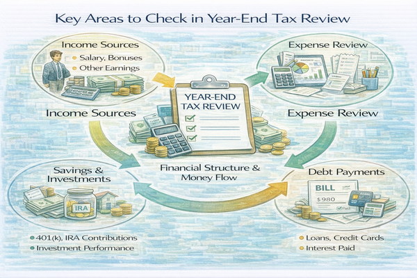 연말정산을 통해 점검해야 할 것과 재무 구조 확인 흐름을 설명하는 이미지