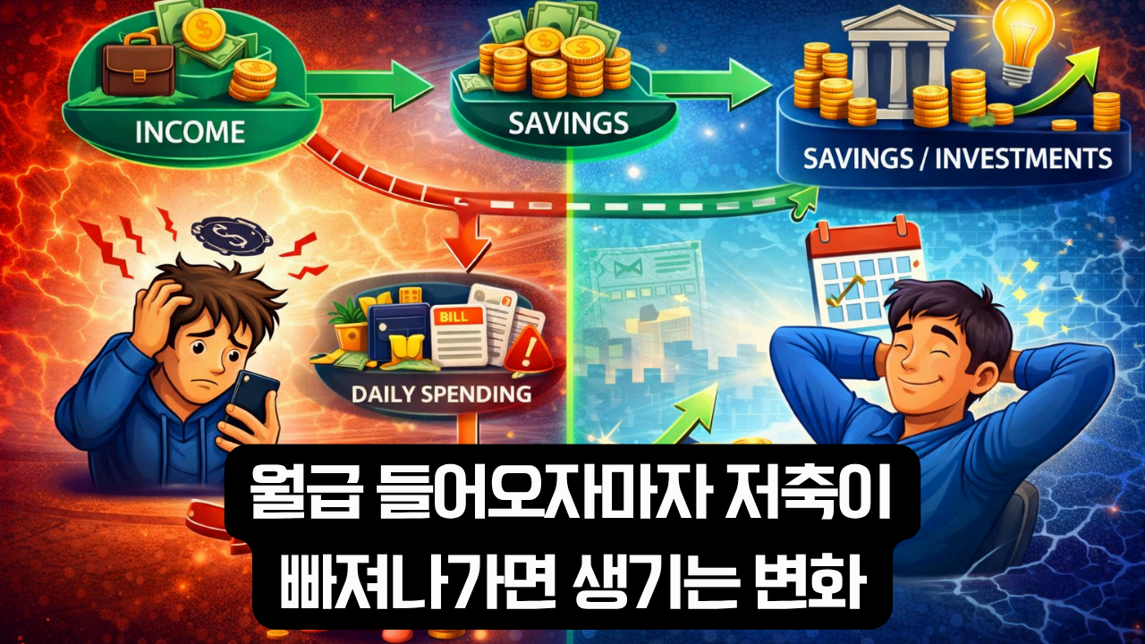 월급 들어오자마자 저축이 빠져나가면 생기는 변화를 설명한 이미지