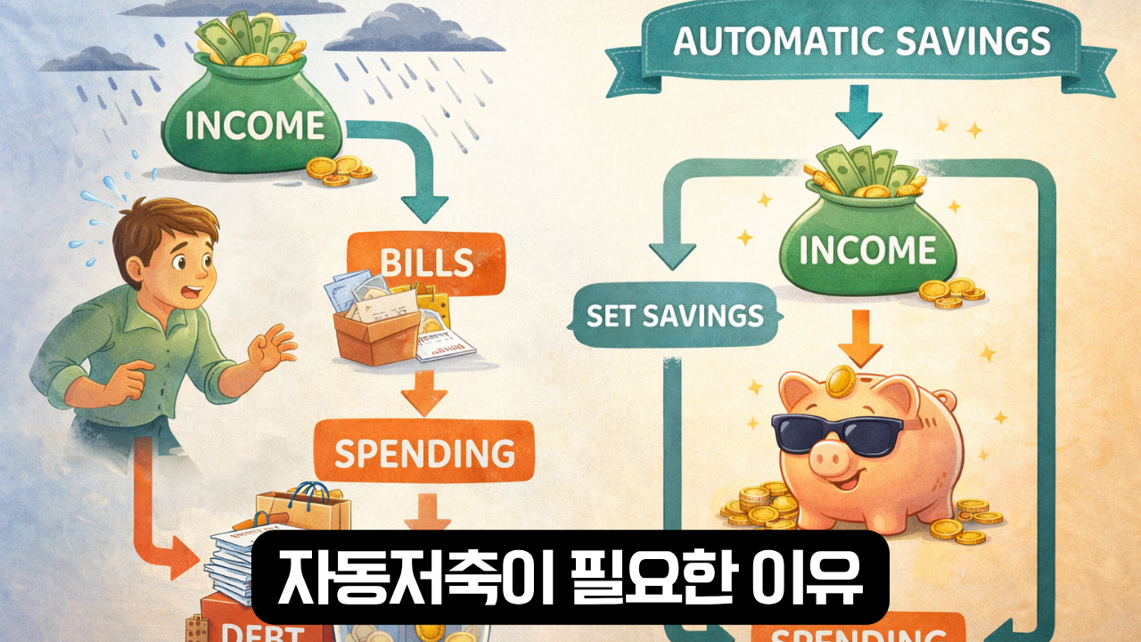 자동저축이 필요한 이유를 설명하는 돈 흐름 구조 이미지