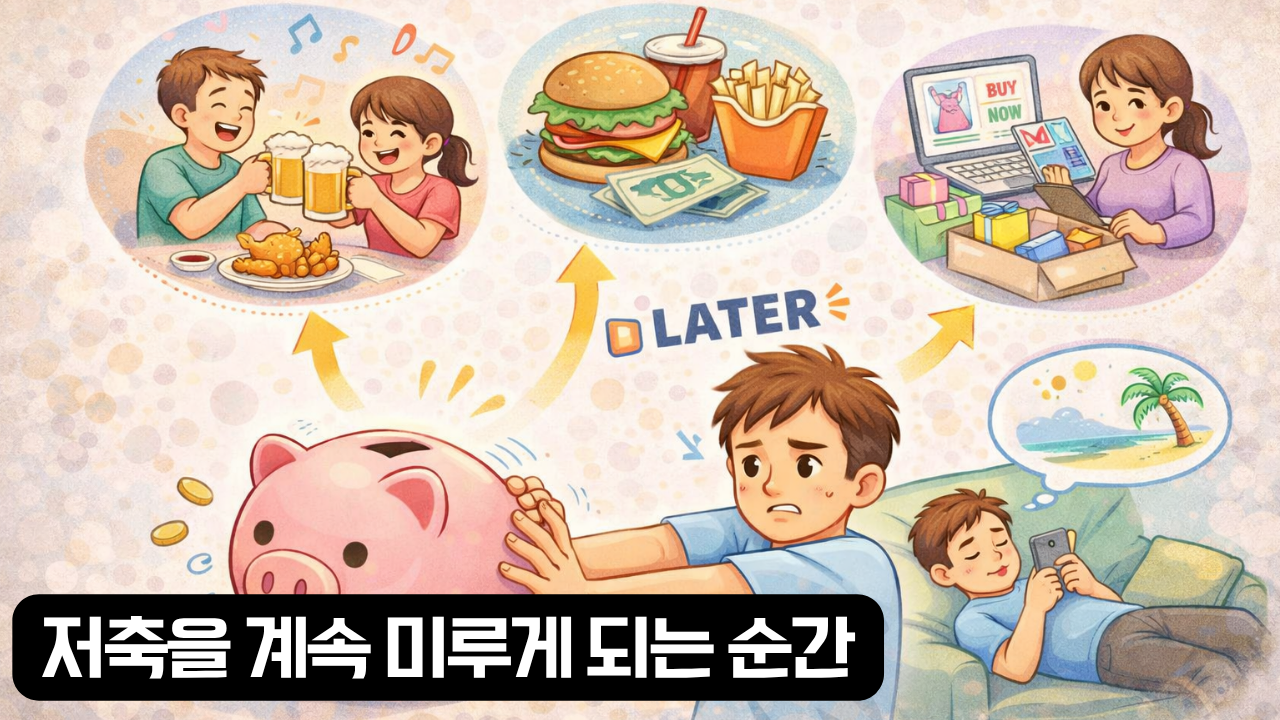 저축을 계속 미루게 되는 순간을 설명한 이미지