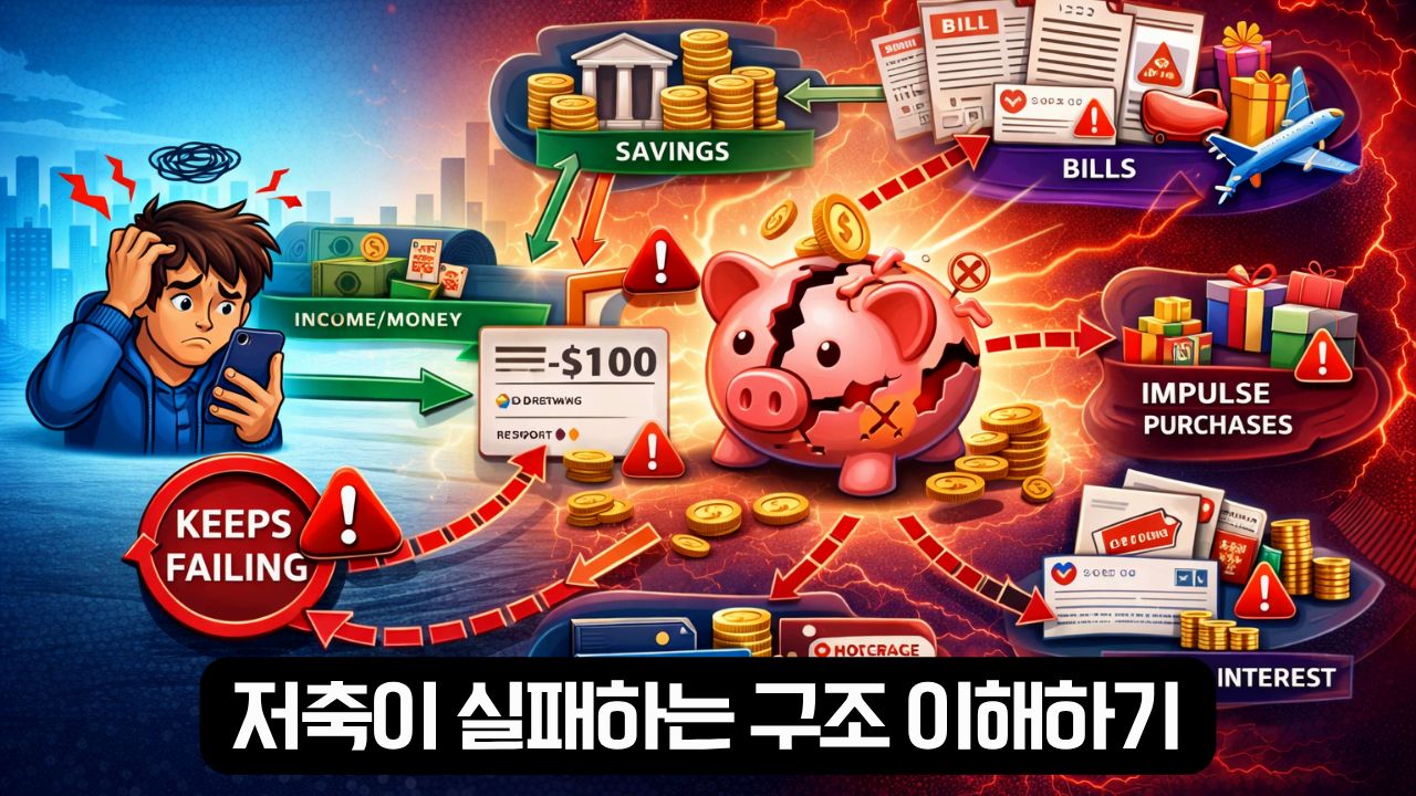저축이 실패하는 구조와 돈 흐름 설명한 이미지