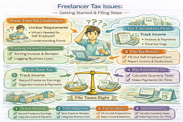 프리랜서가 처음 겪는 세금 문제와 신고 흐름을 설명하는 구조 이미지